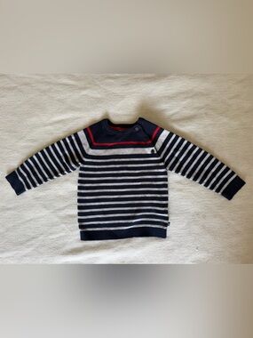 Navy & Gray Striped kids Crewneck Sweater with Red Trim